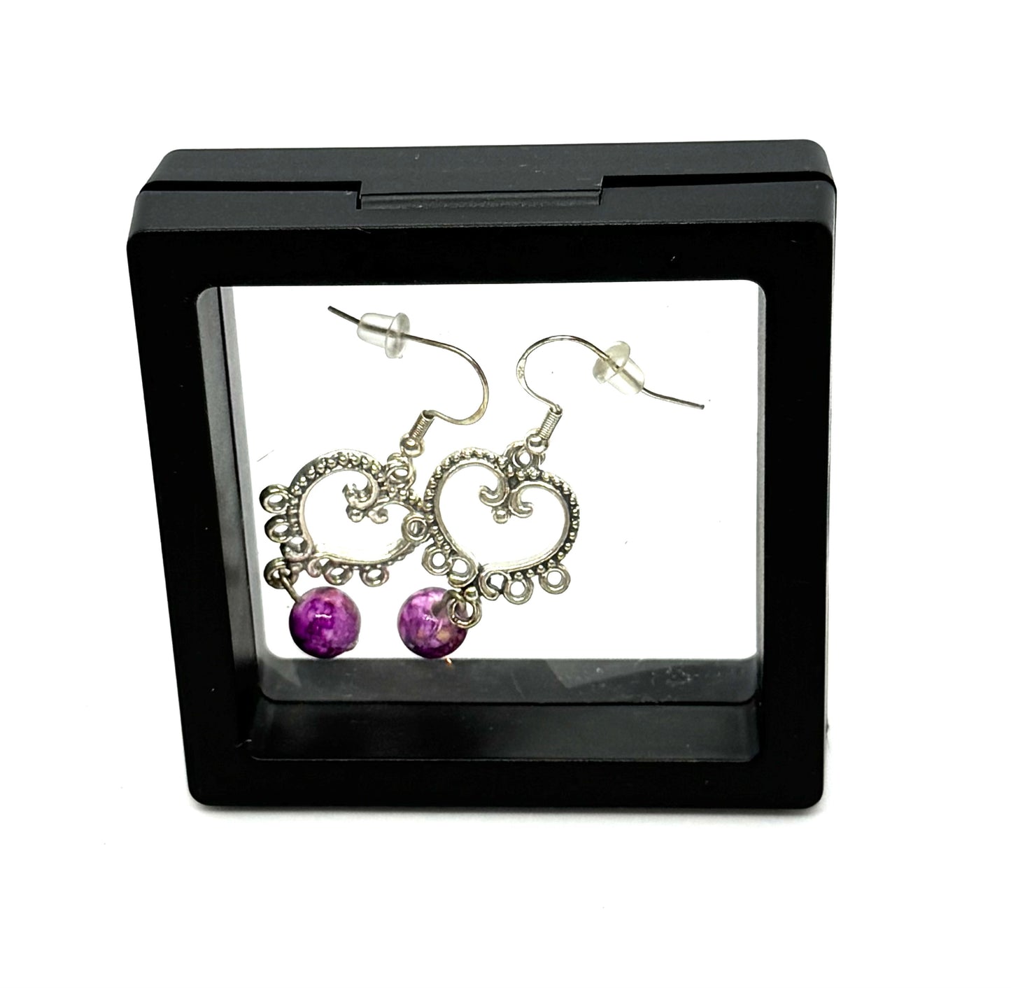 #20 Purple Reign & Poor Decisions Earrings – Silver Heart Filigree Dangle Earrings