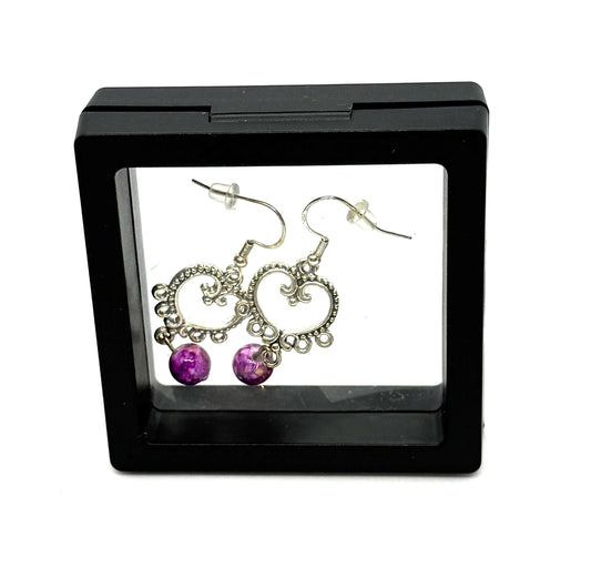 #20 Purple Reign & Poor Decisions Earrings – Silver Heart Filigree Dangle Earrings
