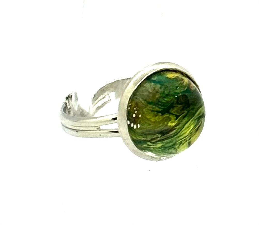 #8 Enchanted Forest Glass Dome Ring – Green & Gold Swirl Adjustable Ring