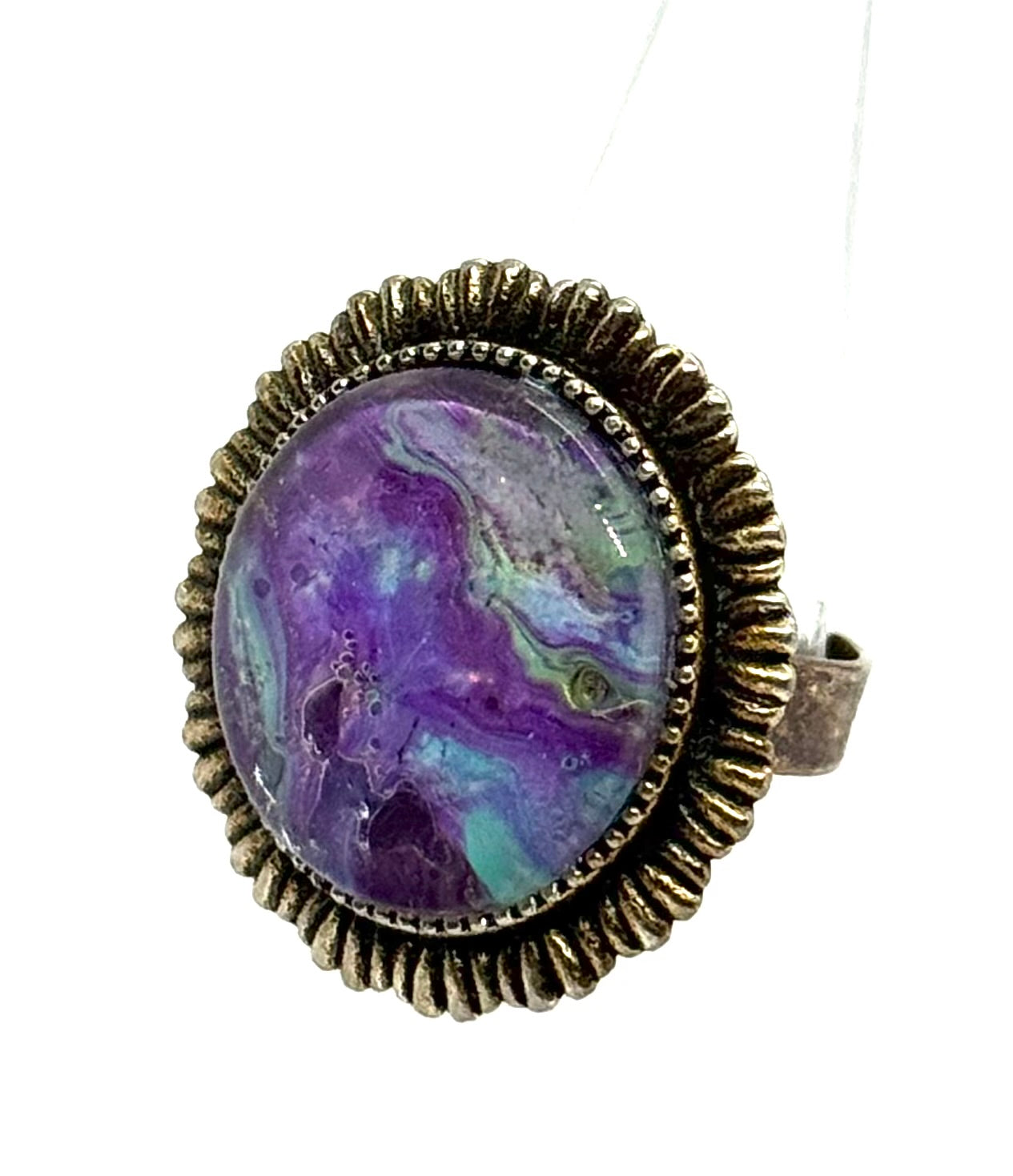#13 Galactic Chaos Glass Dome Statement Ring – Purple Teal Swirl Vintage Ornate Adjustable Ring