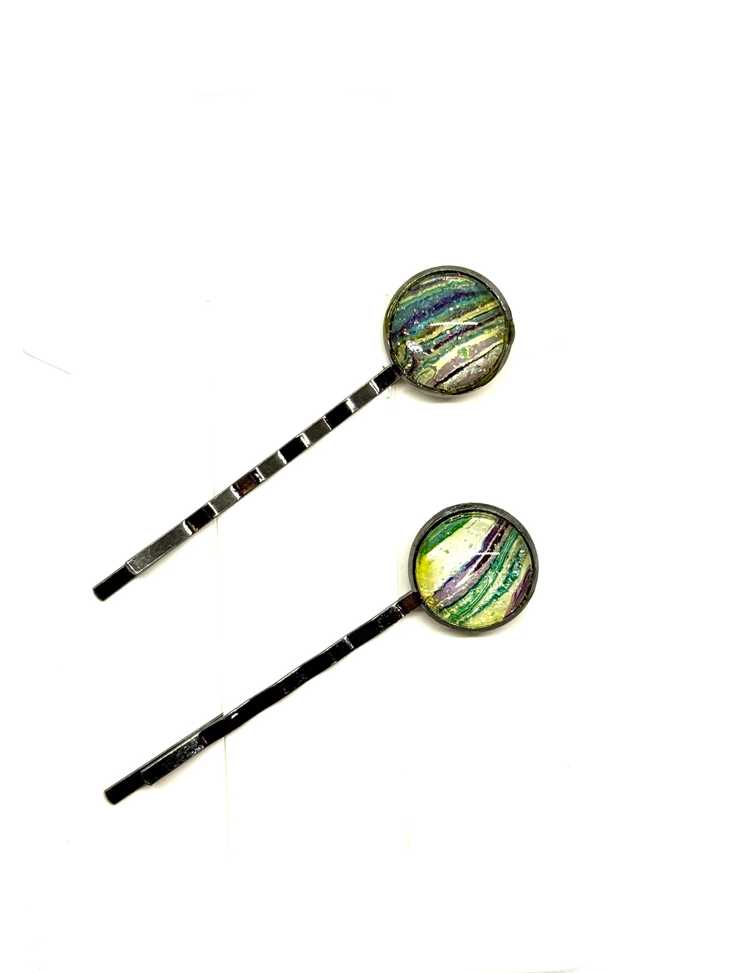 #6 Forest Chaos Bobby Pin Set – Green & Purple Swirl Hair Pins (2pc)
