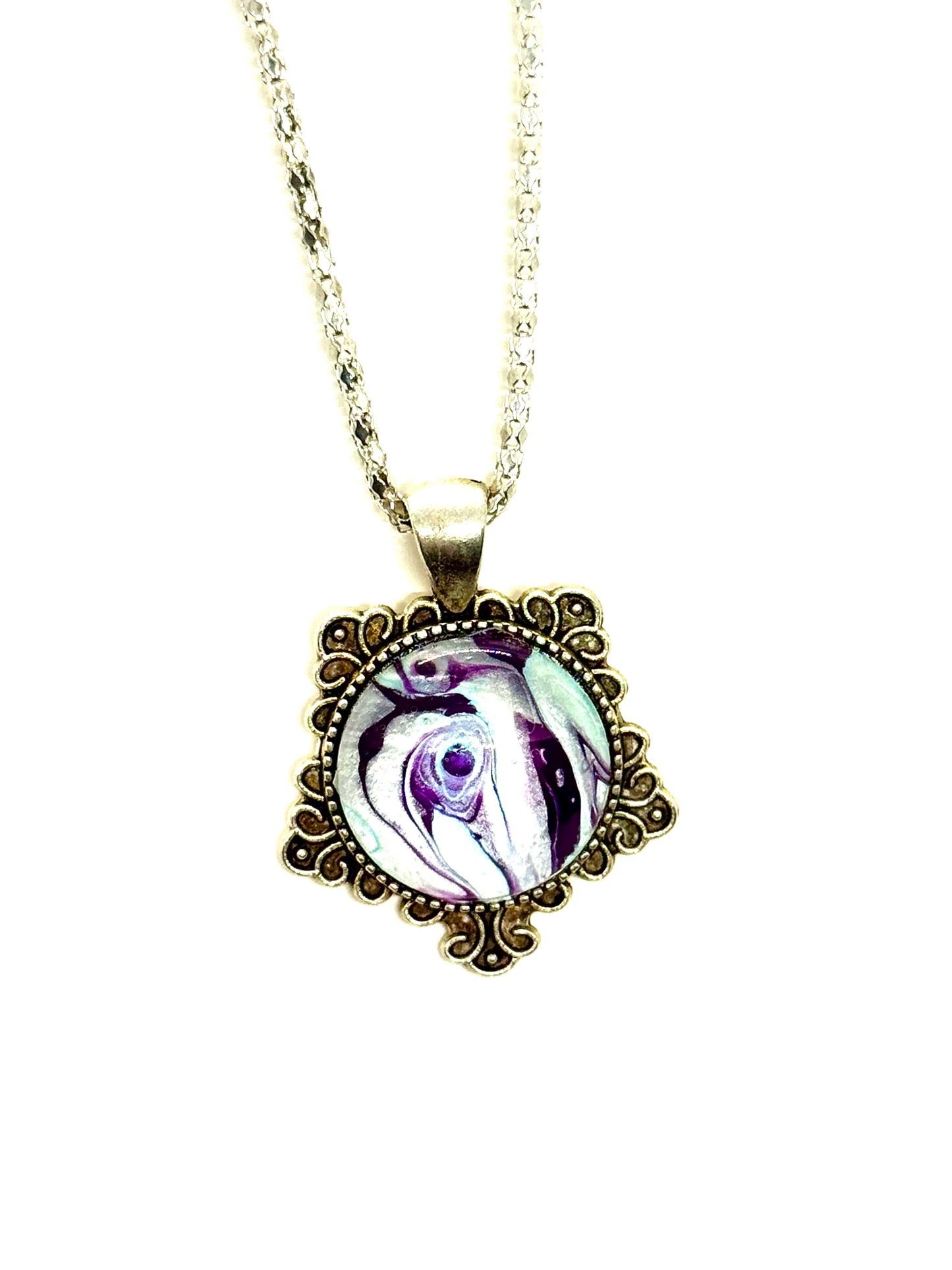 #26 Spiral Delusion – Purple & Silver Paint Pour Pendant | FDSS Original