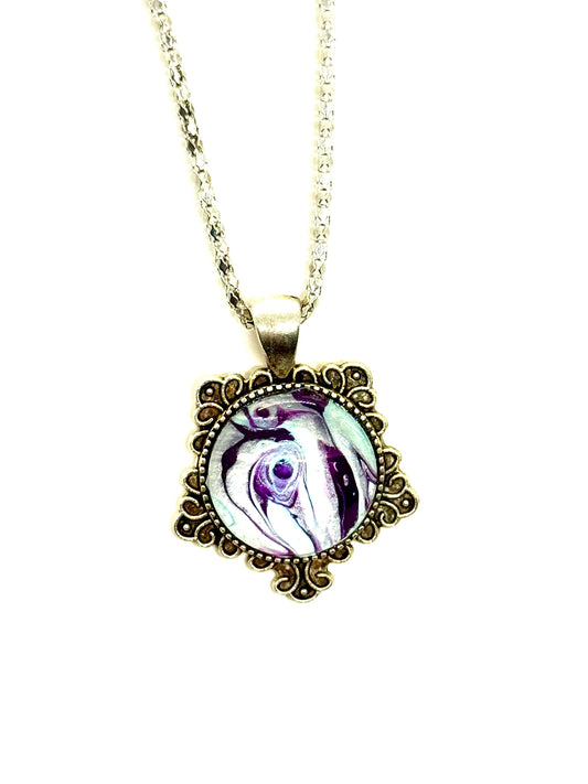 #26 Spiral Delusion – Purple & Silver Paint Pour Pendant | FDSS Original