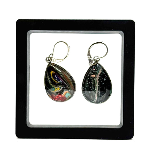 #7S Midnight Nebula Sterling Silver Glass Dome Teardrop Earrings