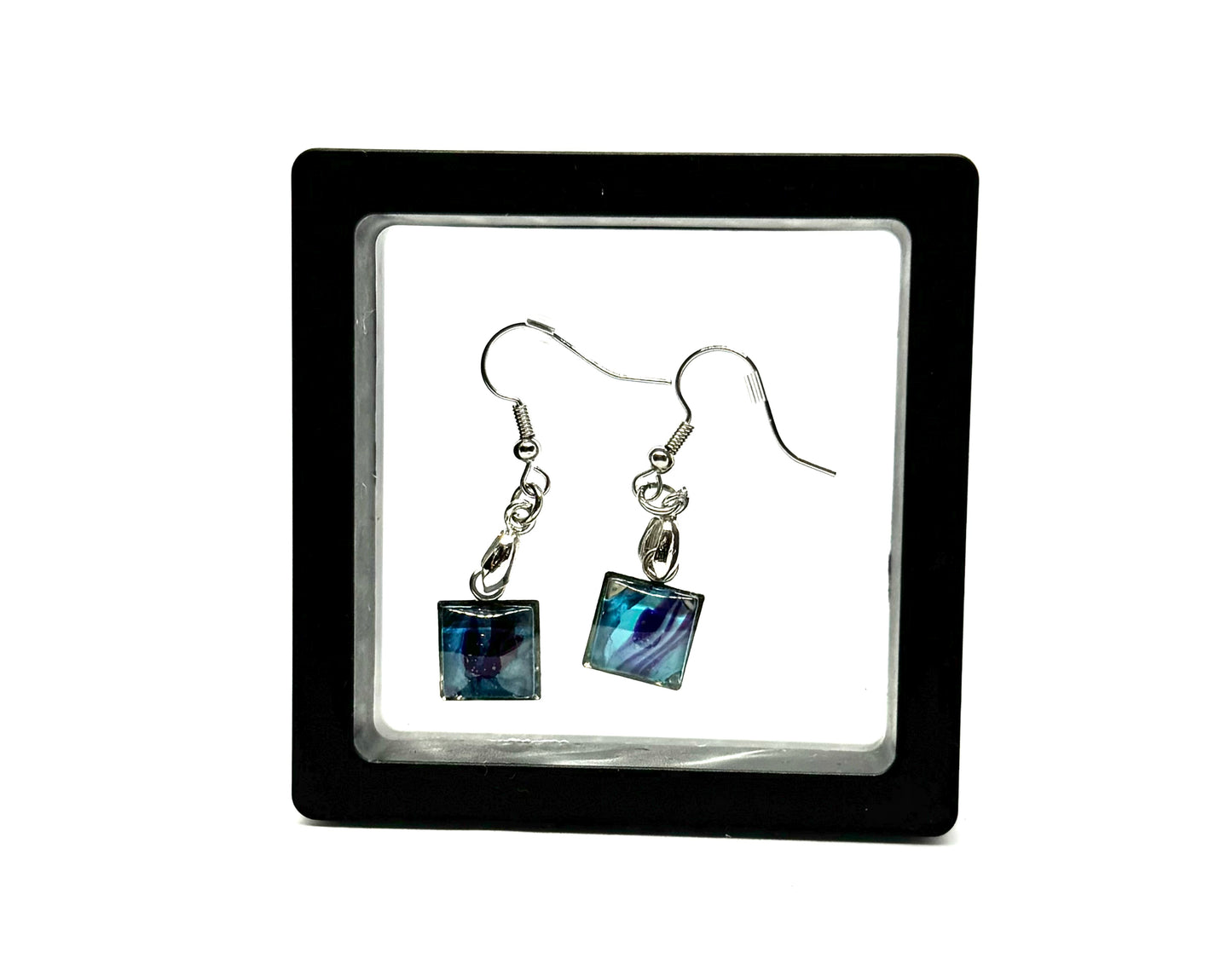 #16 Blue Lagoon Glass Dome Earrings – Handmade Acrylic Paint Pour Square Dangle Earrings