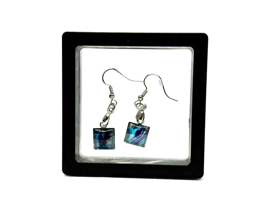 #16 Blue Lagoon Glass Dome Earrings – Handmade Acrylic Paint Pour Square Dangle Earrings
