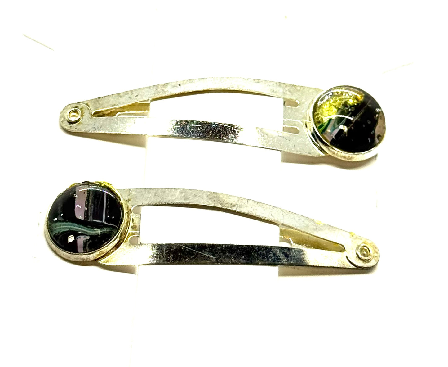 #1 Dark Energy Snap Clips – Silver Tone Black & Green Resin Hair Clips (2pc Set)