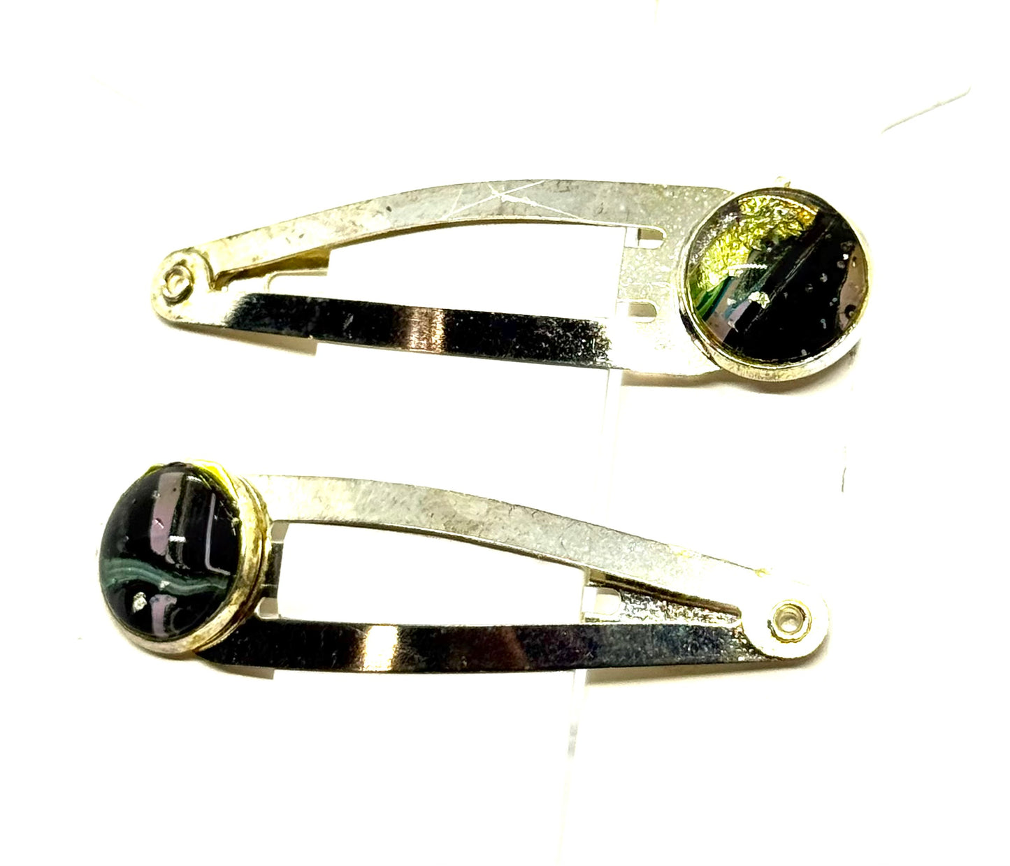 #1 Dark Energy Snap Clips – Silver Tone Black & Green Resin Hair Clips (2pc Set)