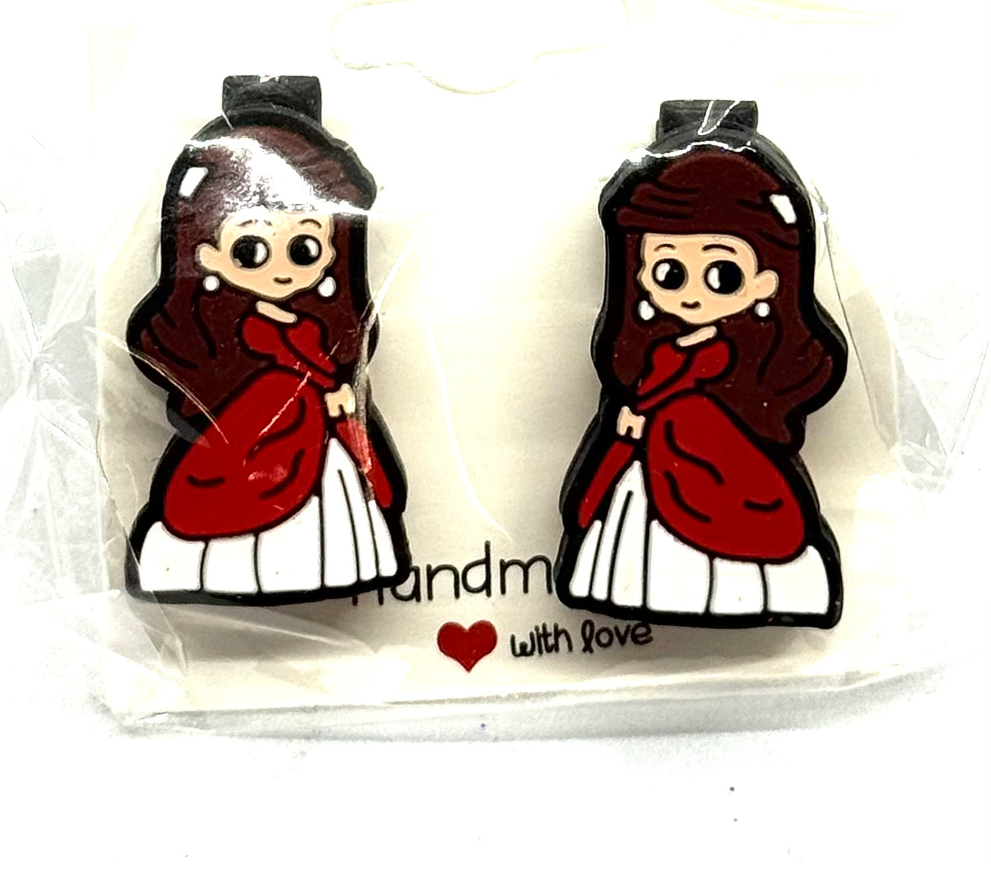 #3 Soft Drama Barrettes – Dark Hair Red Outfit Character Clips (2pc Set)