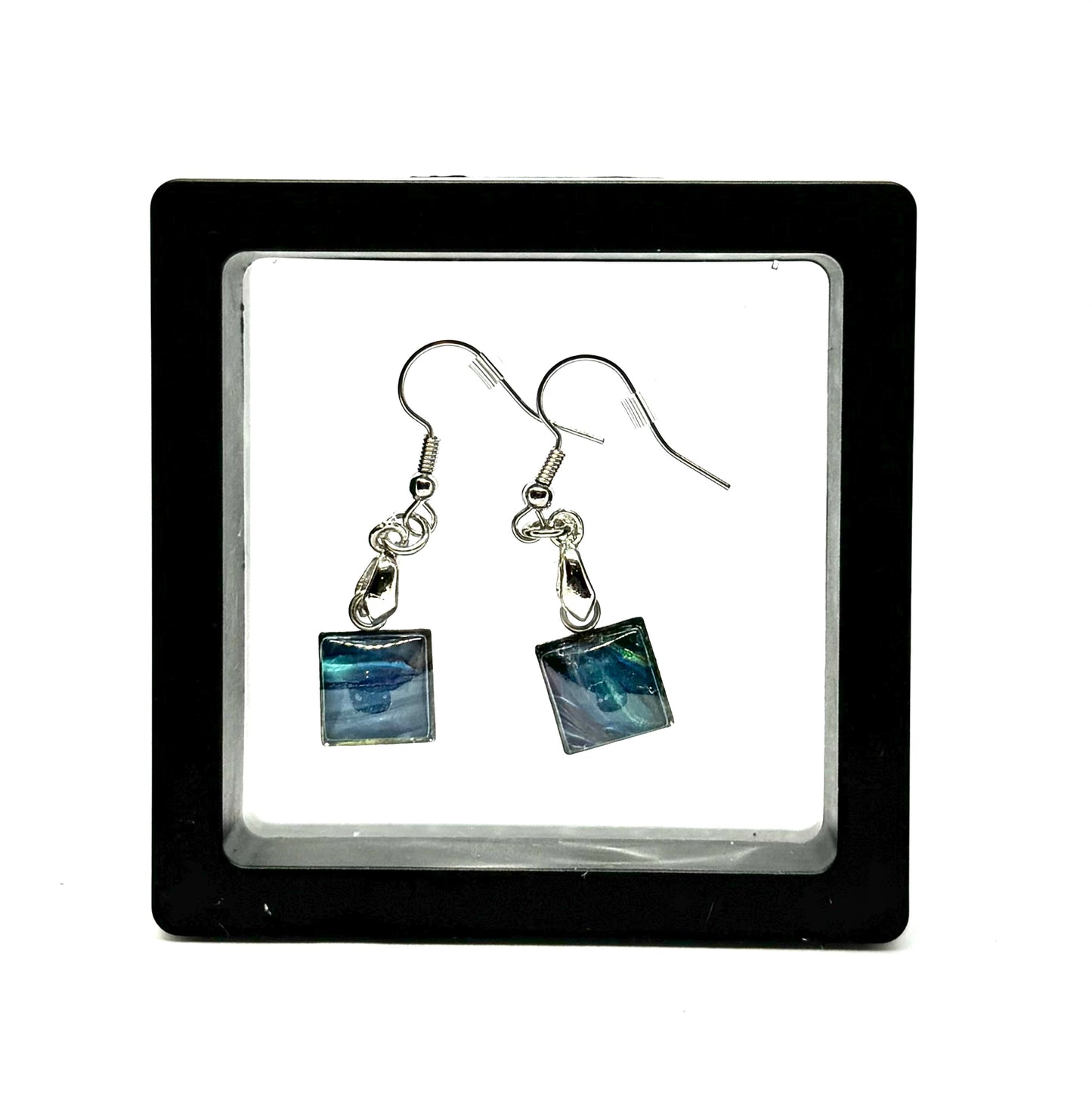 #15 Ocean Drift Glass Dome Earrings – Handmade Acrylic Paint Pour Square Dangle Earrings