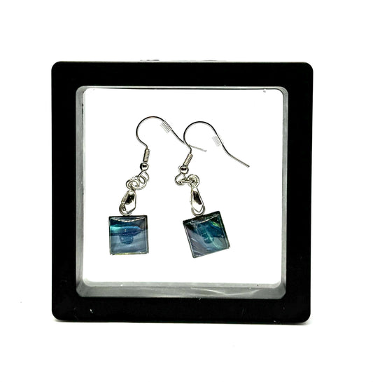 #15 Ocean Drift Glass Dome Earrings – Handmade Acrylic Paint Pour Square Dangle Earrings