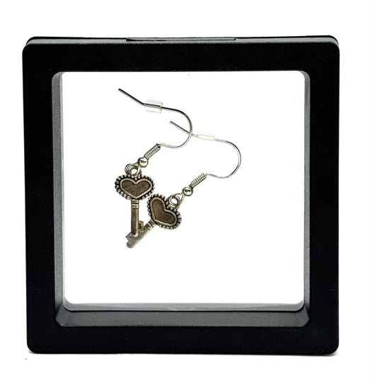 #44 Key to My Heart Earrings – Silver Heart Key Dangle Earrings