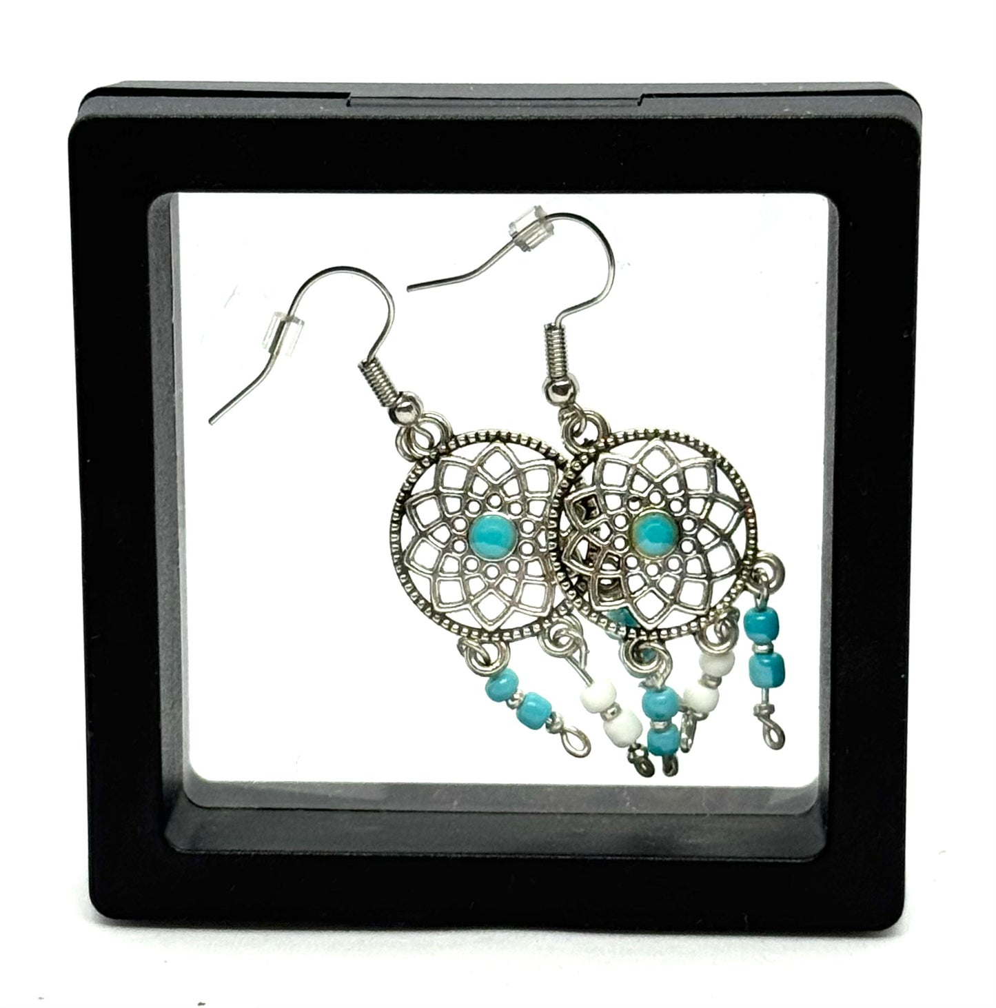 #51 Dream Catcher of Bad Decisions – Turquoise Beaded Silver Dreamcatcher Earrings