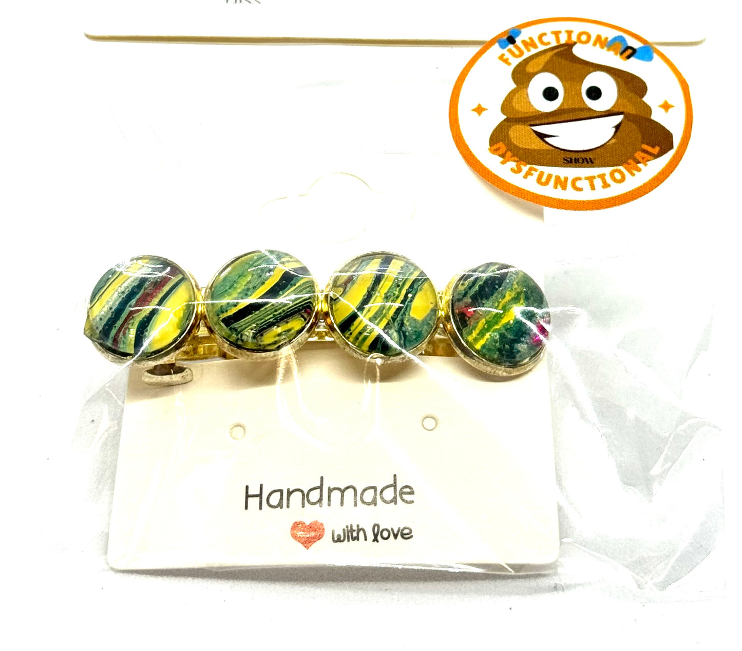 #2 Sunlit Chaos Barrette – Yellow & Green Resin Disc Hair Clip