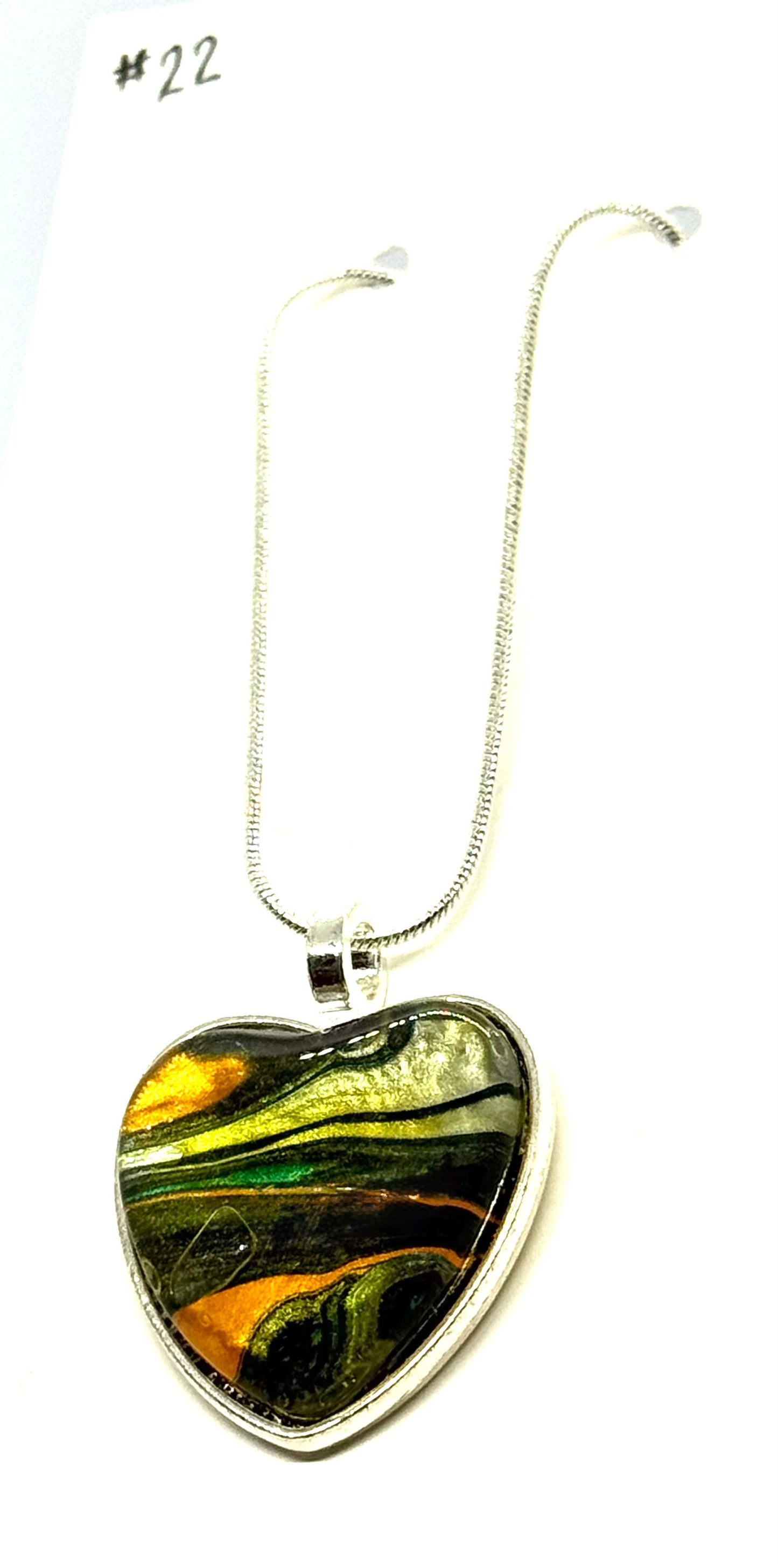 #22 Heartbreak in Technicolor – Black, White, Orange & Rose Gold Paint Pour Heart Pendant Necklace