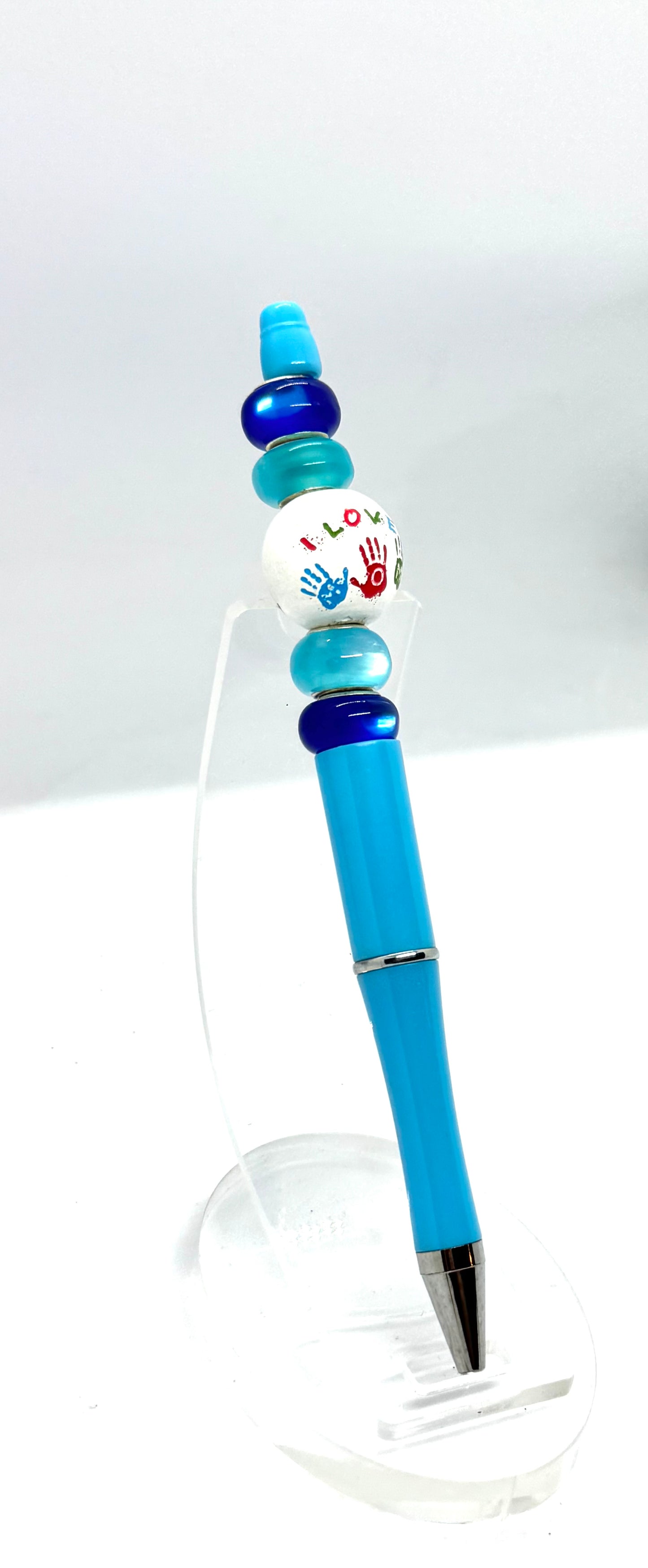 Blue “I Love Mom” Beaded Pen