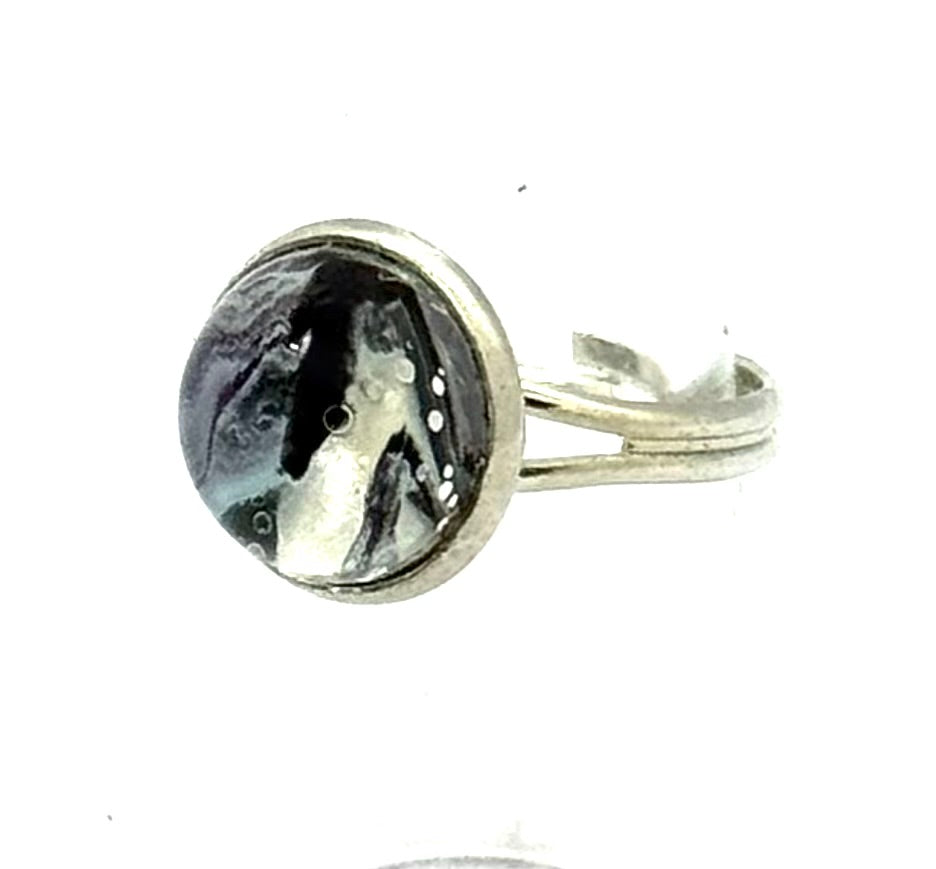 #6 Obsidian Silence Glass Dome Ring – Black & Silver Abstract Statement Ring