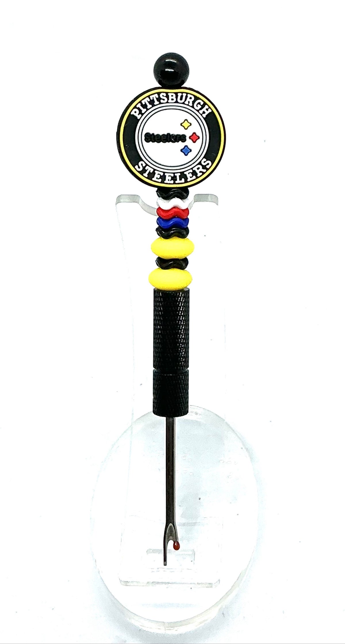 Beaded seam ripper with Pittsburgh football focal bead and black and gold beads on a black handle