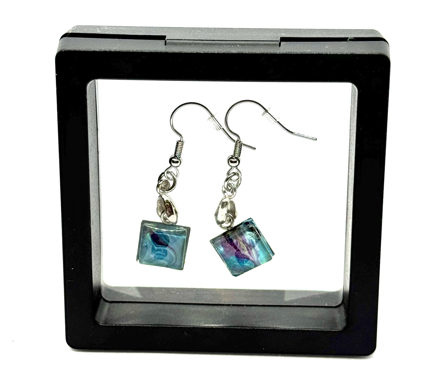 #34 Moonlit Tides Earrings – Square Glass Dome Wearable Paint Pour Art 🌙🌊💙