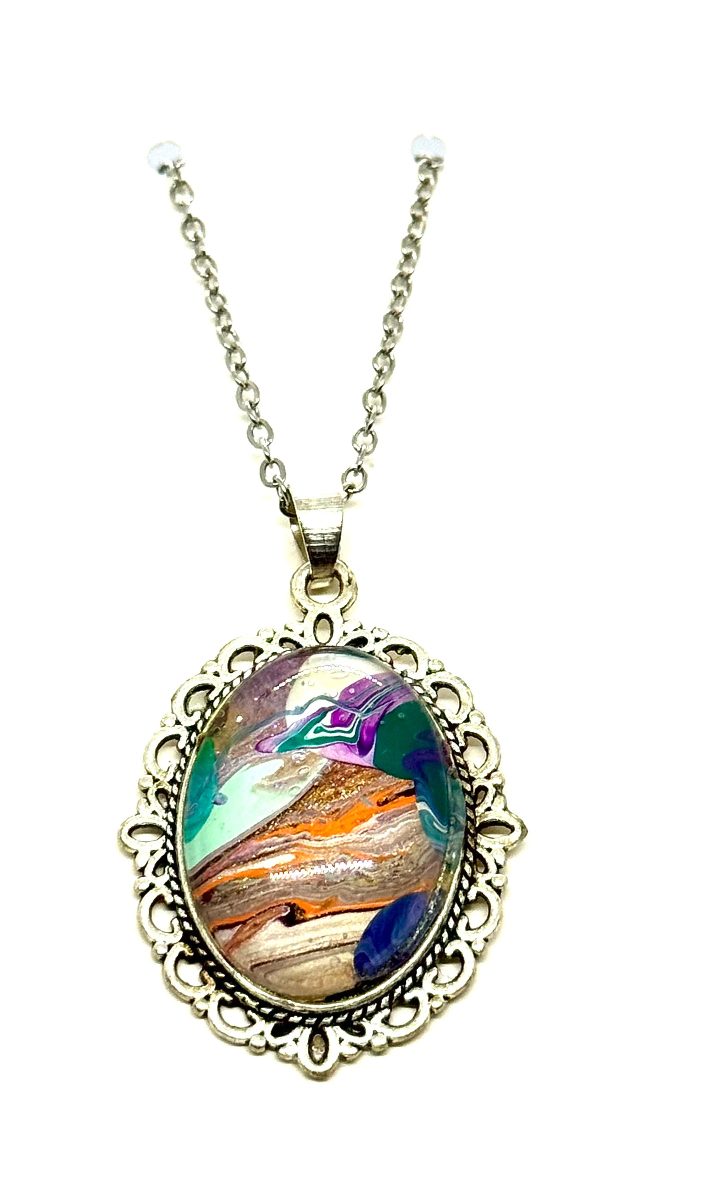 #27 Tectonic Mood Swing – Abstract Paint Pour Oval Pendant Necklace | One-of-a-Kind Chaos Jewelry