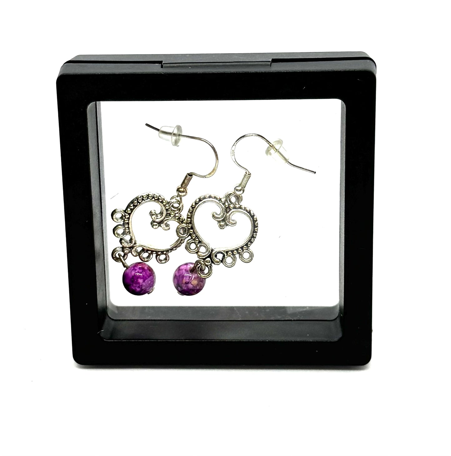 #20 Purple Reign & Poor Decisions Earrings – Silver Heart Filigree Dangle Earrings