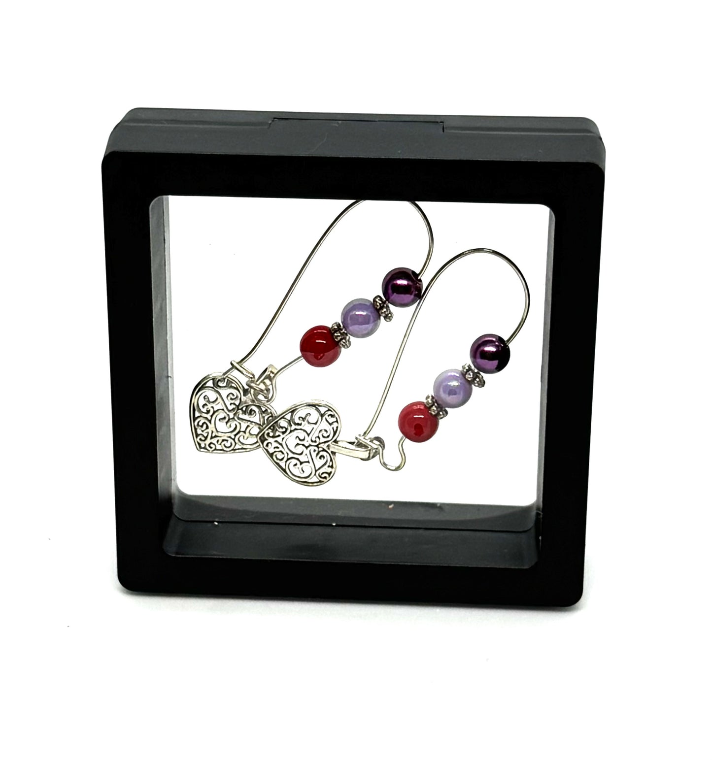#24 Romantically Unhinged Filigree Heart Earrings – Red, Purple & Lavender Beaded Heart Dangle Earrings