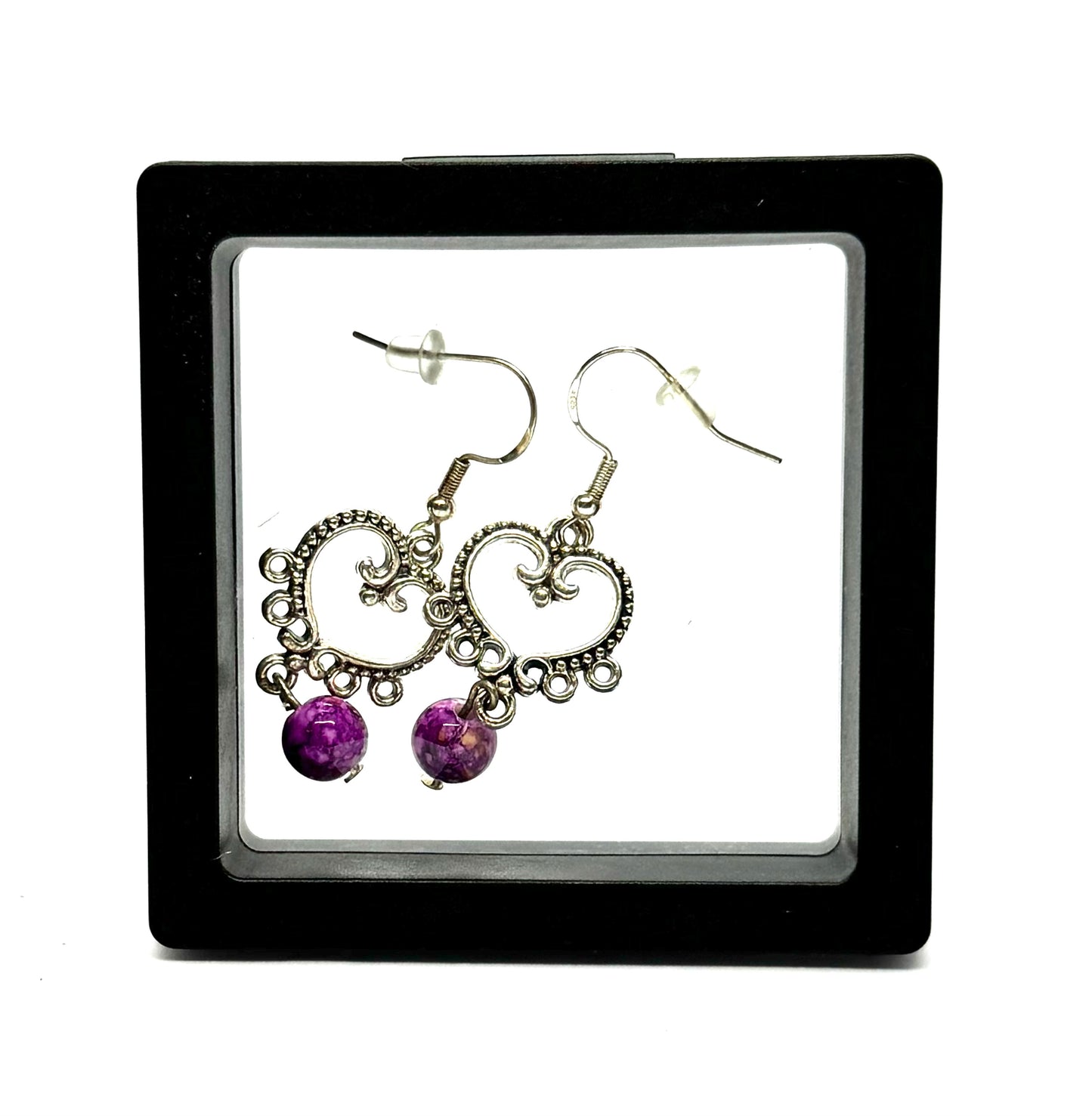 #20 Purple Reign & Poor Decisions Earrings – Silver Heart Filigree Dangle Earrings