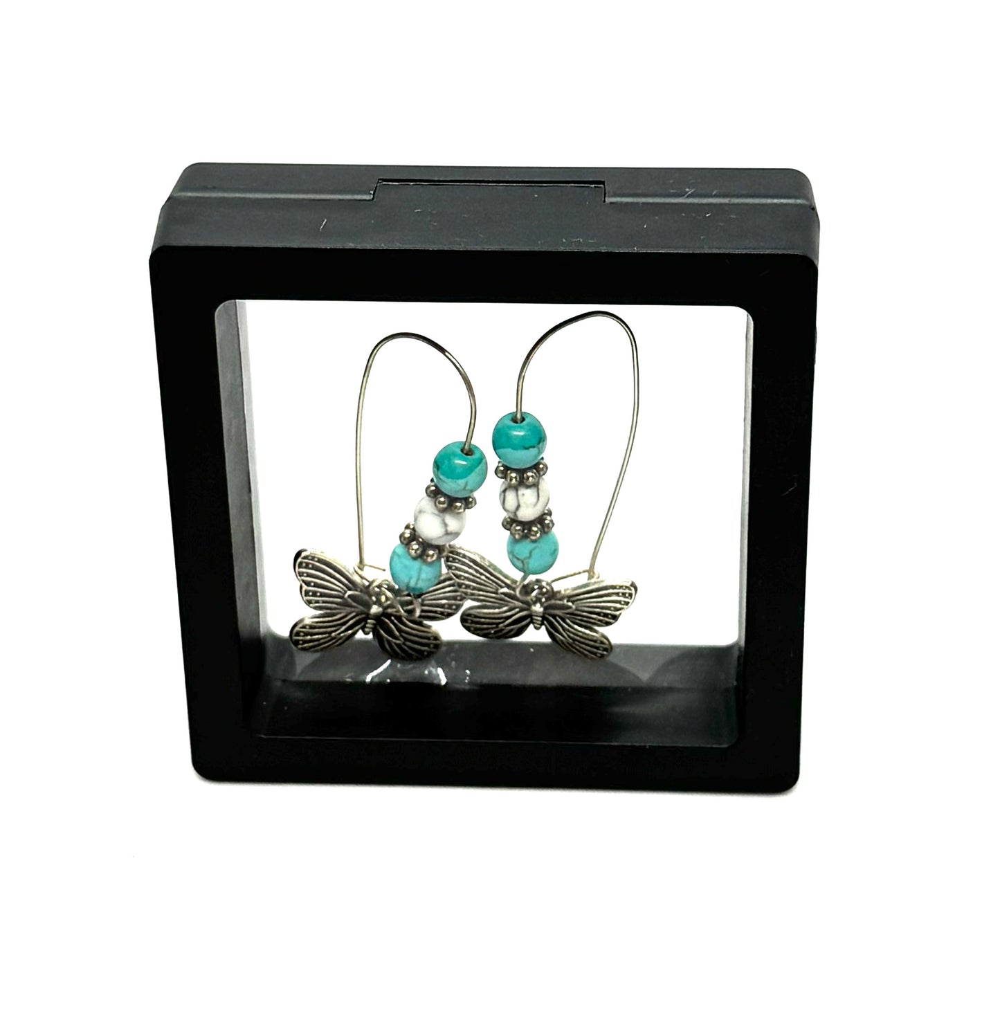 #27 Fluttering Through the Shit Show Butterfly Earrings – Turquoise & White Beaded Dangle Earrings