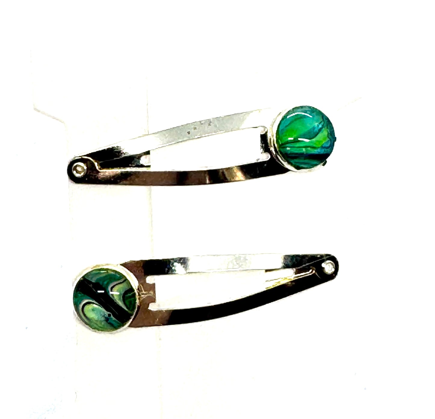 #3 Green Control Issues Snap Clips – Silver Tone Resin Hair Clips (2pc Set)