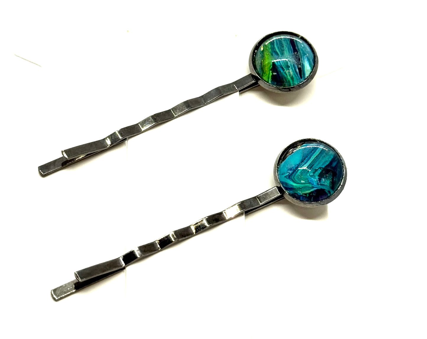 #2 Cool Chaos Bobby Pins – Blue & Teal Swirl Set (2pc)