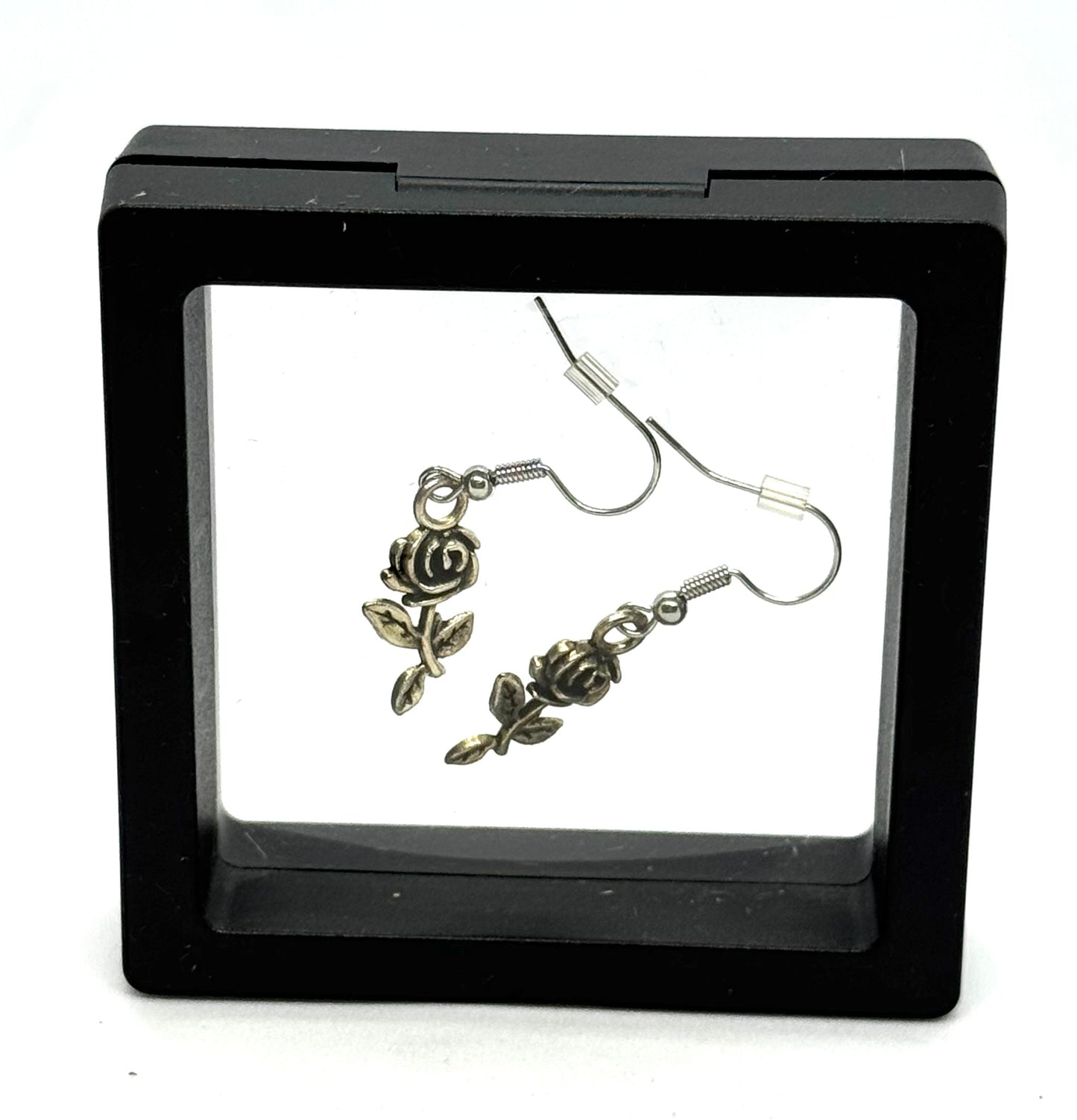 #48 Blooming Out of Spite Rose Earrings – Silver Rose Charm Dangle Earrings