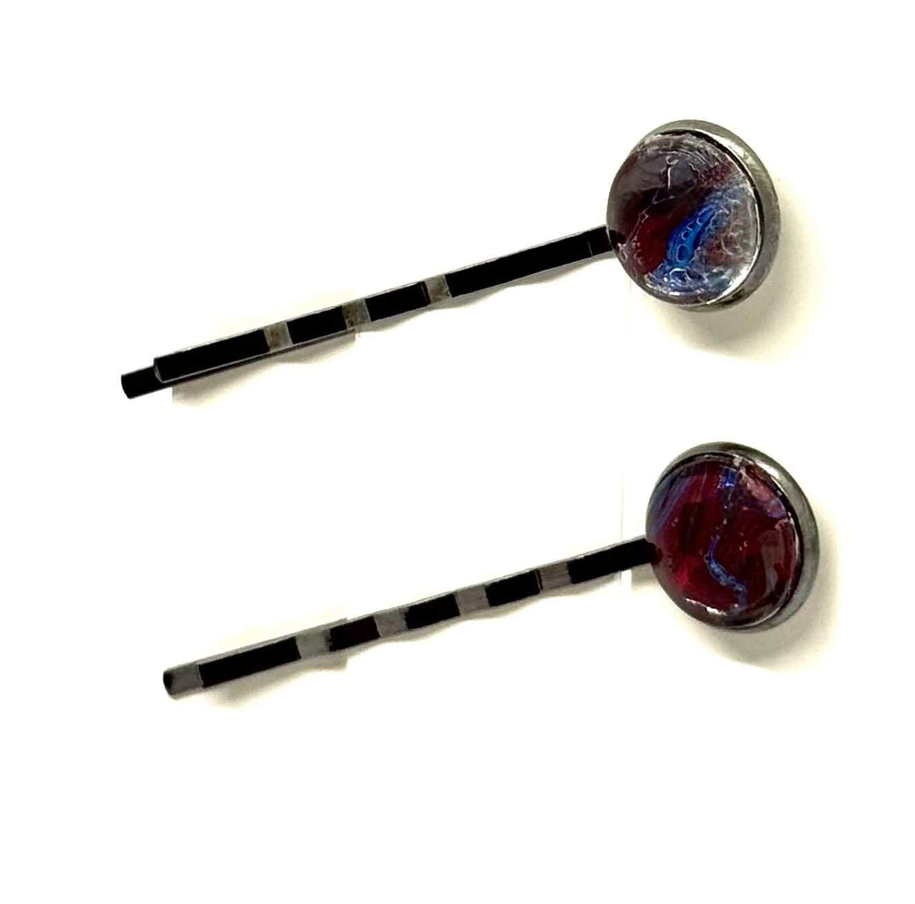 The “Cherry Bomb with Trust Issues” Bobby Pin Set – Handmade Red & Blue Swirl Hair Pins (Set of 2)