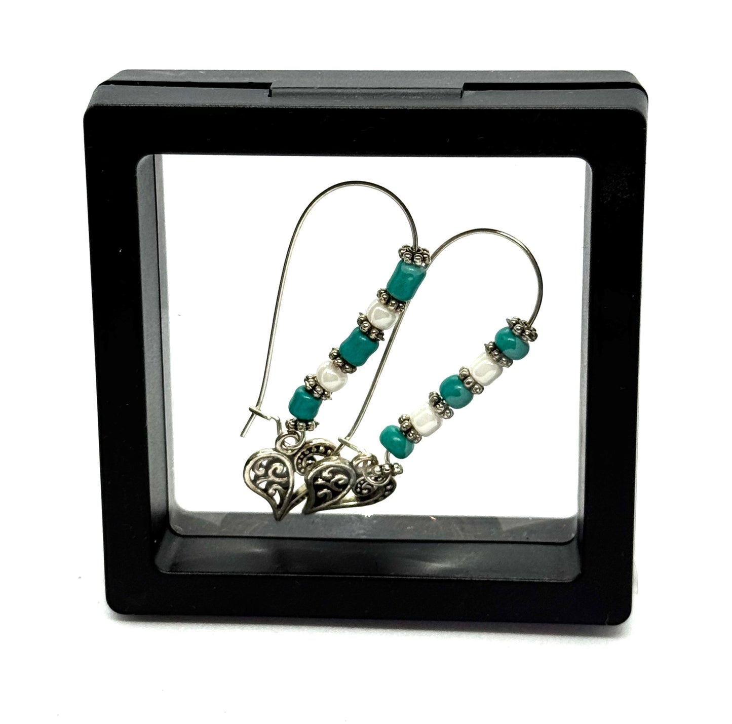 #36 Heartstrings & High Tides Earrings – Turquoise & Pearl Heart Charm Earrings 💙🤍⚓