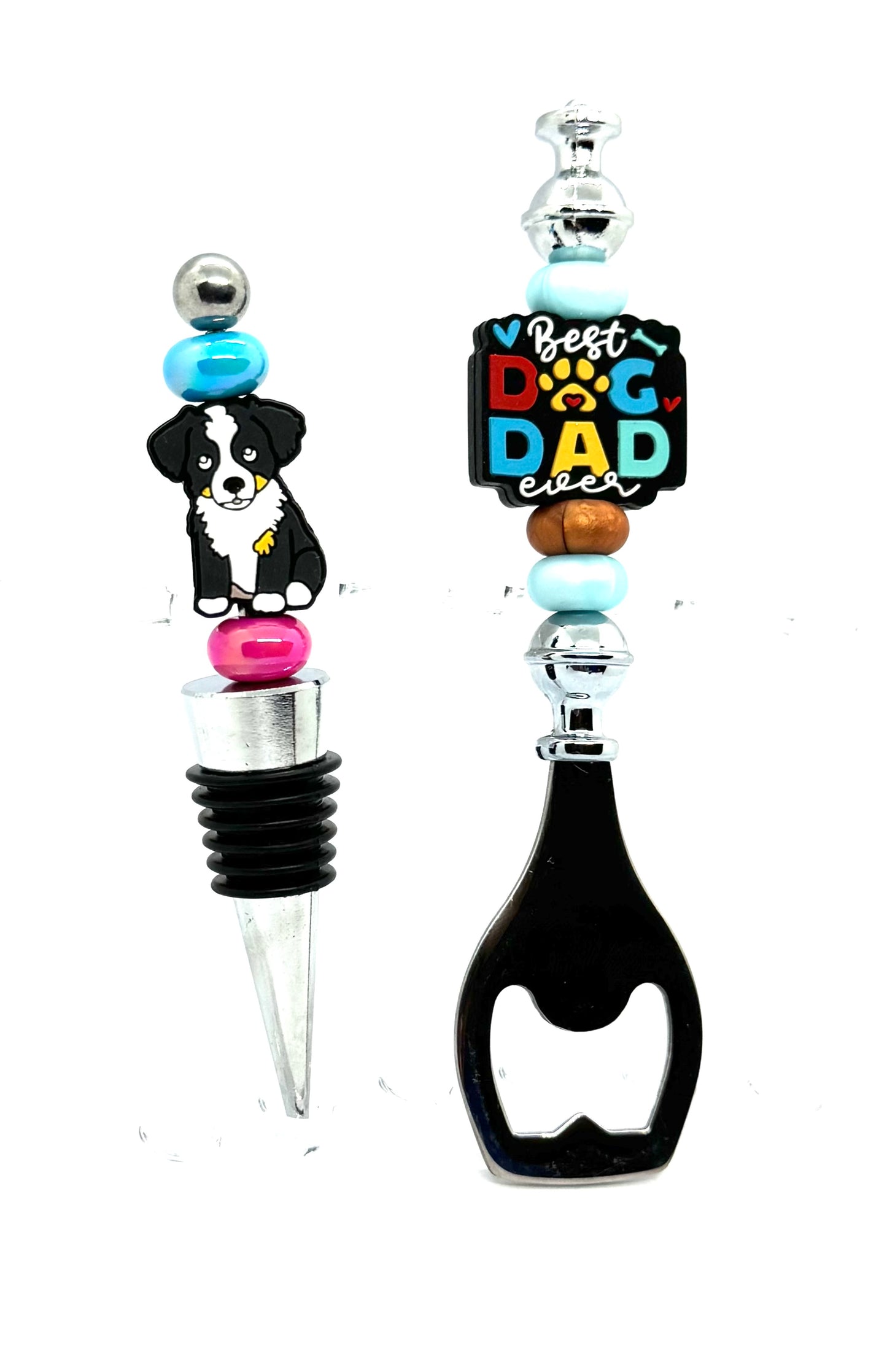 Best Dog Dad Ever Bottle Opener & Bernese Mountain Dog Wine Stopper Gift Set – Handmade FDSS Bar Accessory Duo