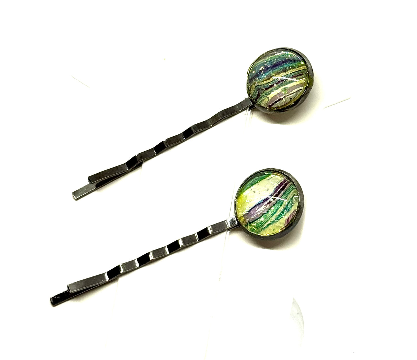#6 Forest Chaos Bobby Pin Set – Green & Purple Swirl Hair Pins (2pc)