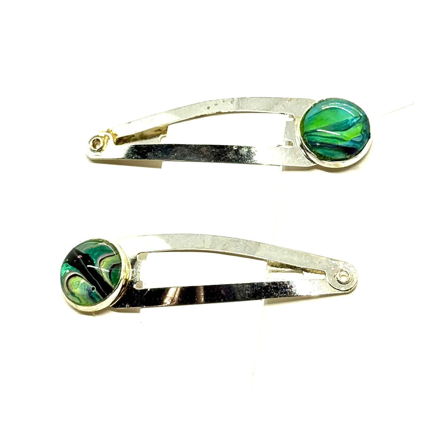 #3 Green Control Issues Snap Clips – Silver Tone Resin Hair Clips (2pc Set)