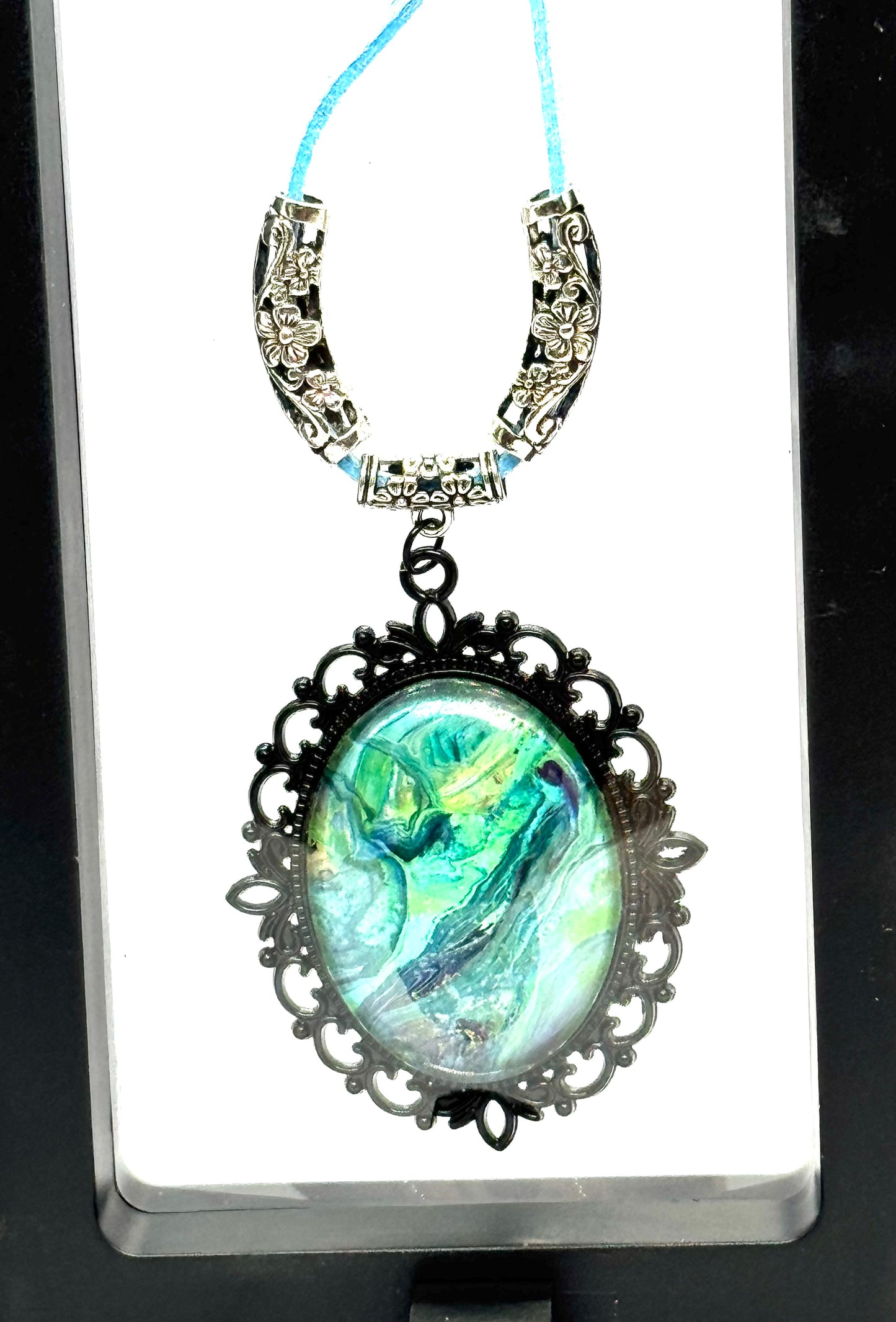 Ocean Mood Swing Necklace | Green & Teal Swirl Pendant | 34” Blue Cord | Statement Chaos