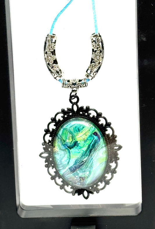 Ocean Mood Swing Necklace | Green & Teal Swirl Pendant | 34” Blue Cord | Statement Chaos