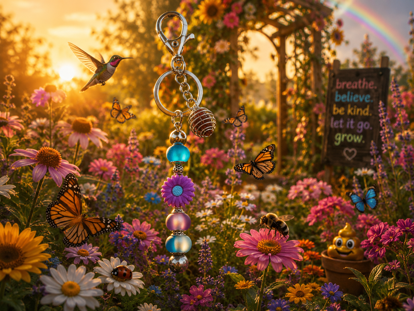 Grow Through the Shit Show | Handmade Purple Daisy & Gemstone Keychain