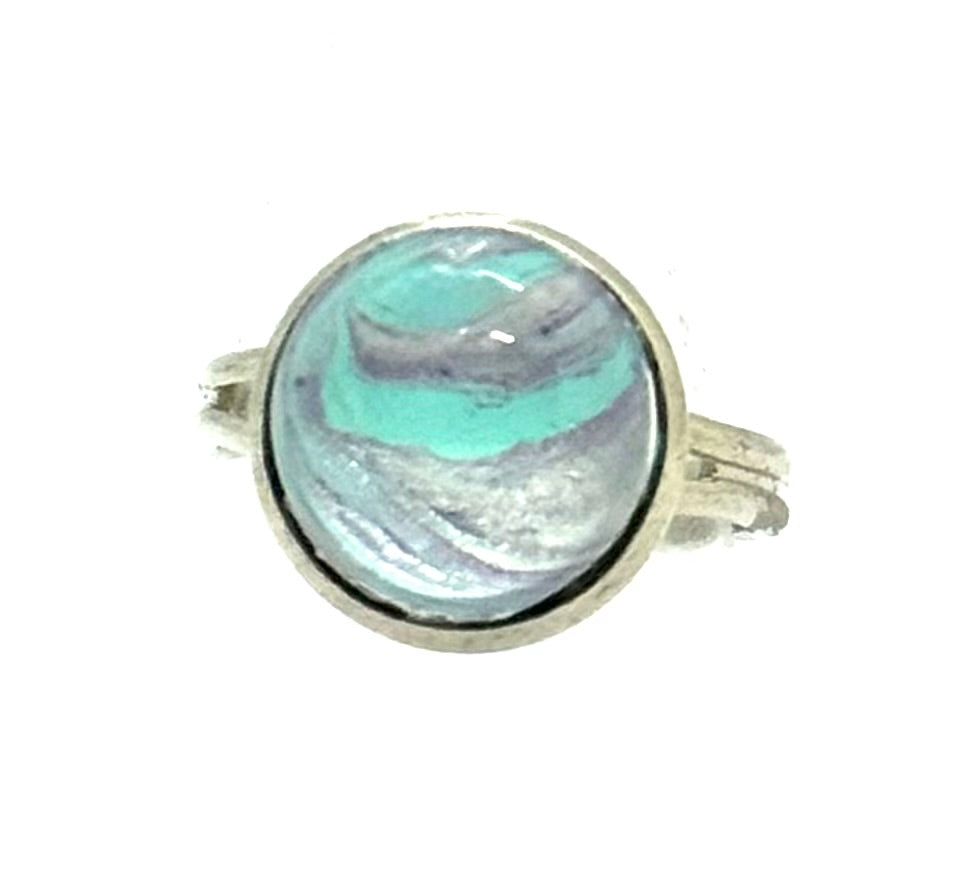 #7 Sea Glass Mirage Glass Dome Ring – Aqua & Silver Swirl Statement Ring