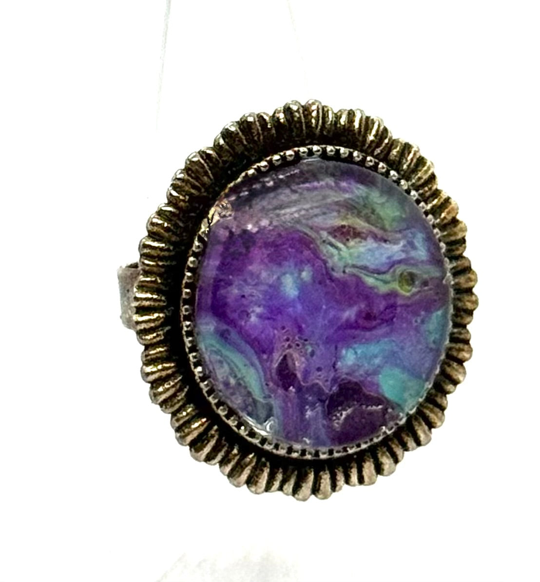 #13 Galactic Chaos Glass Dome Statement Ring – Purple Teal Swirl Vintage Ornate Adjustable Ring