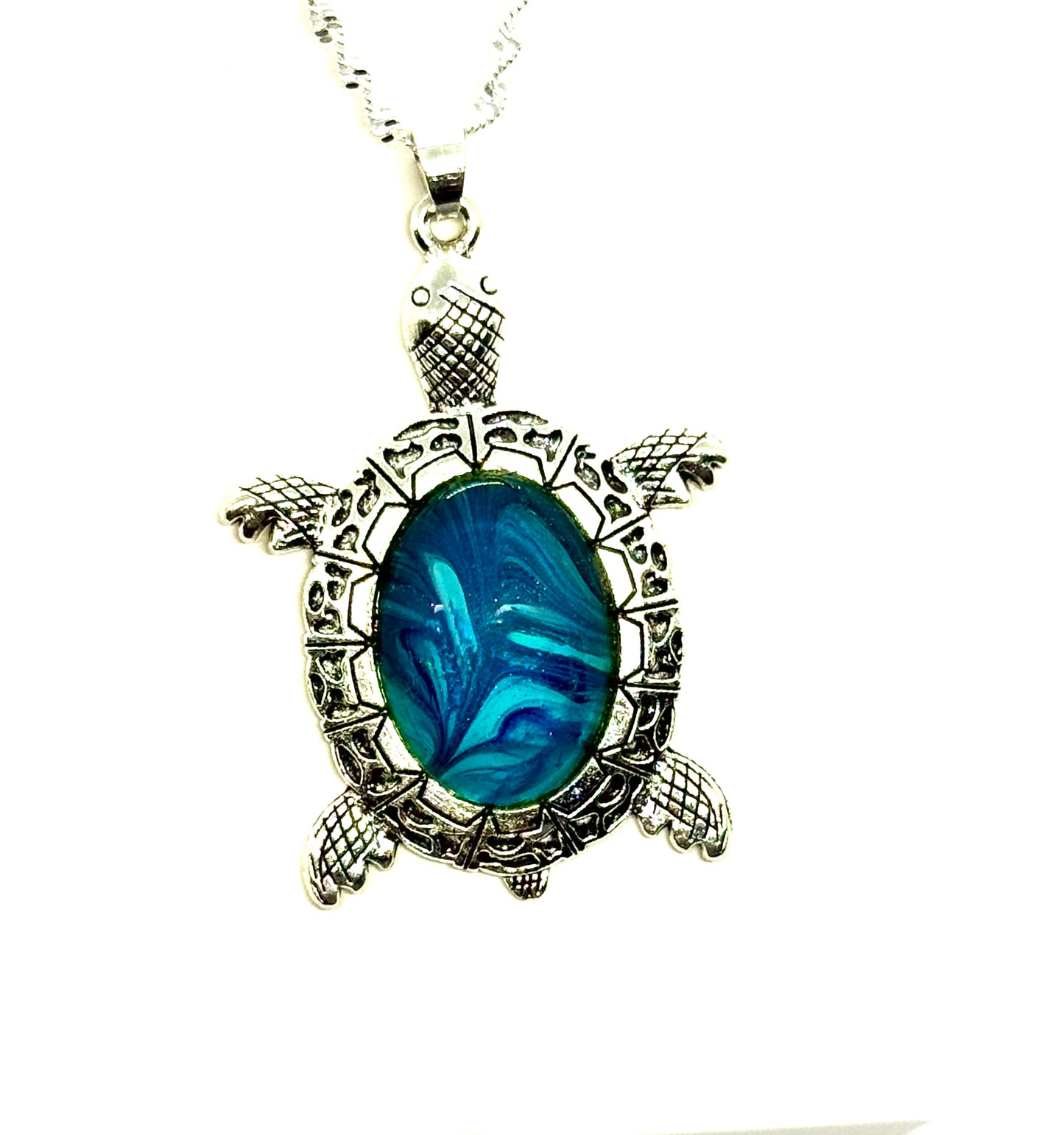 #24 Emotionally Unavailable Sea Turtle – Blue Swirl Paint Pour Turtle Necklace | FDSS Original