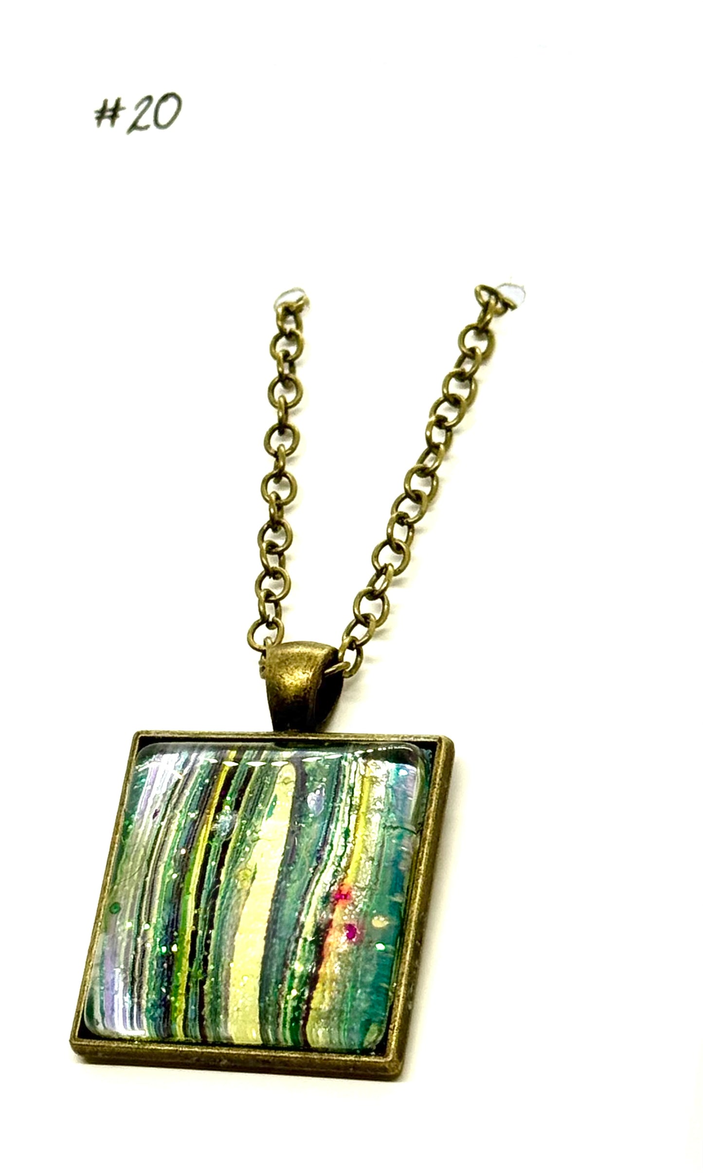 #20 Sunshine Gone Wrong – Blue, Yellow & Pink Foil Square Paint Pour Necklace | FDSS Original