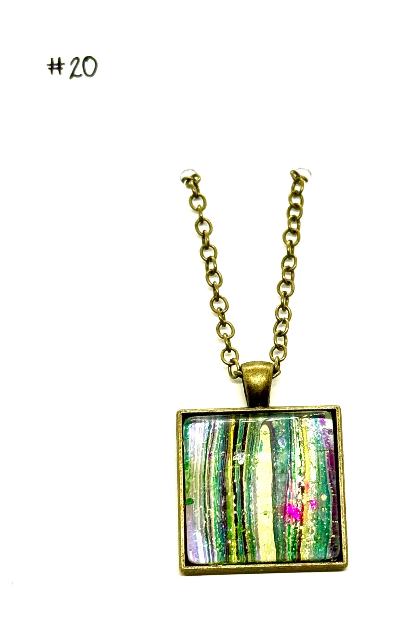 #20 Sunshine Gone Wrong – Blue, Yellow & Pink Foil Square Paint Pour Necklace | FDSS Original