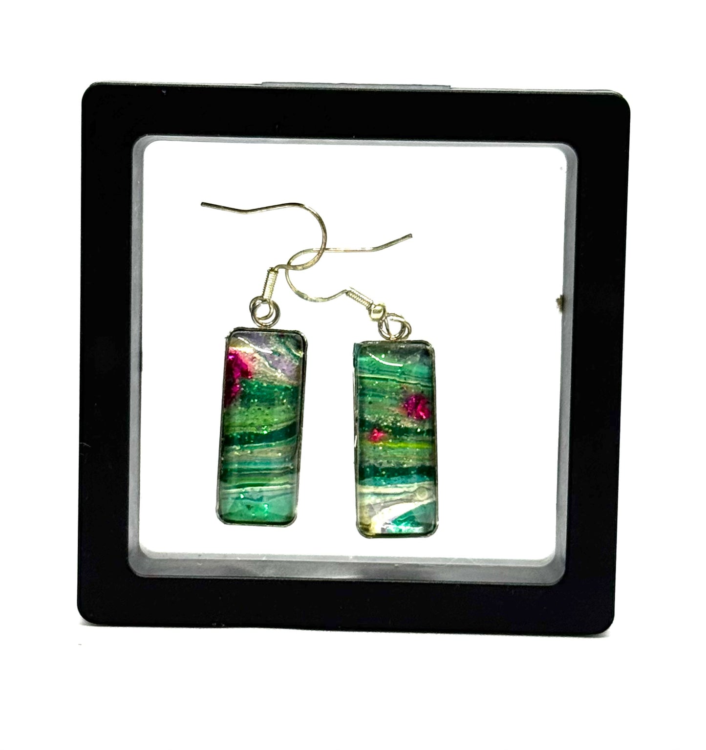 #11S Enchanted Lagoon Sterling Silver Rectangle Glass Dome Earrings