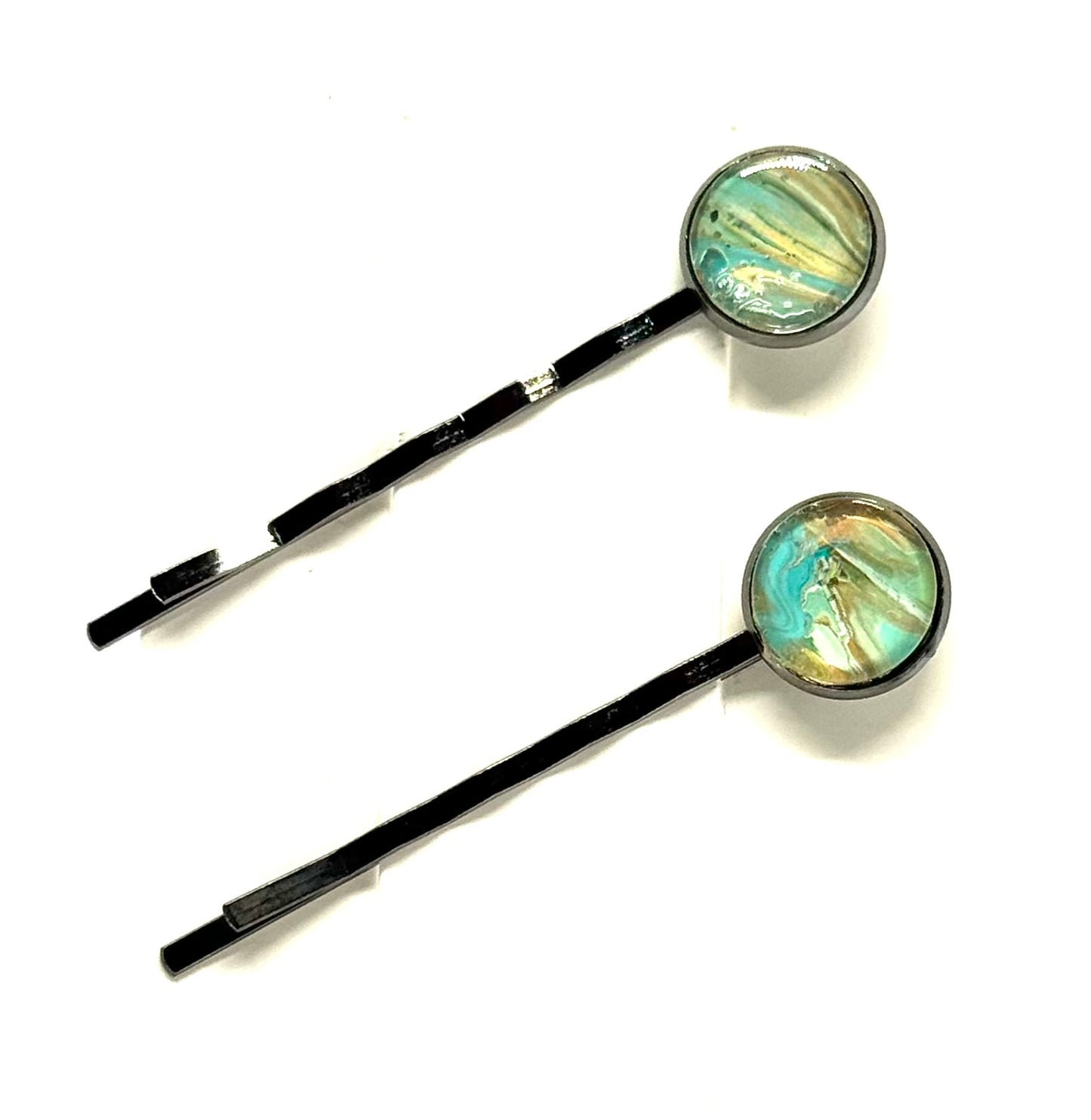The “Mermaid on Paid Time Off” Bobby Pin Set – Handmade Aqua & Gold Swirl Hair Pins (Set of 2)