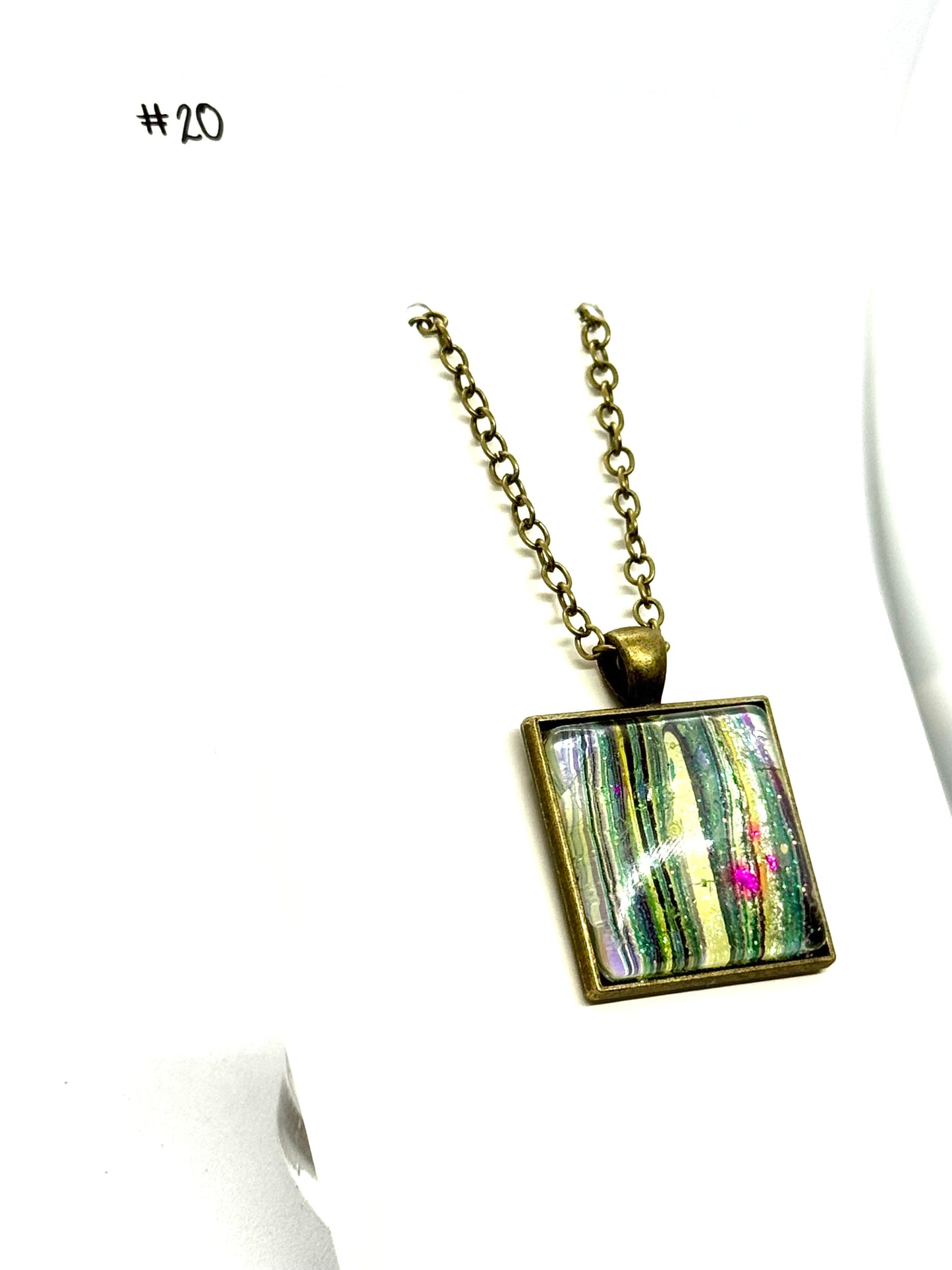 #20 Sunshine Gone Wrong – Blue, Yellow & Pink Foil Square Paint Pour Necklace | FDSS Original