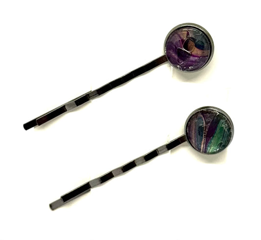 The “Mystic Mayhem” Bobby Pin Set – Handmade Purple & Emerald Swirl Hair Pins (Set of 2)