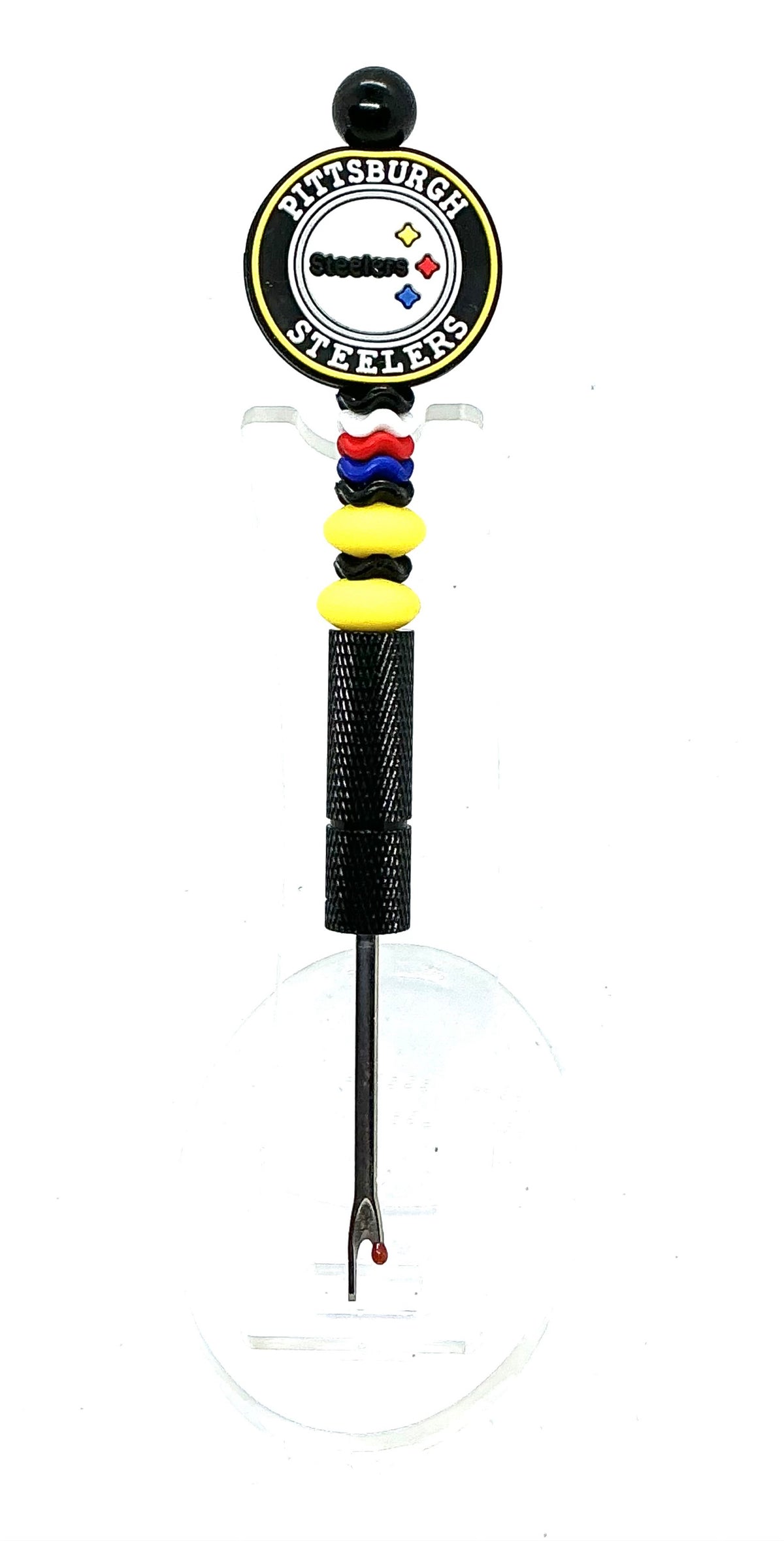 Beaded seam ripper with Pittsburgh football focal bead and black and gold beads on a black handle