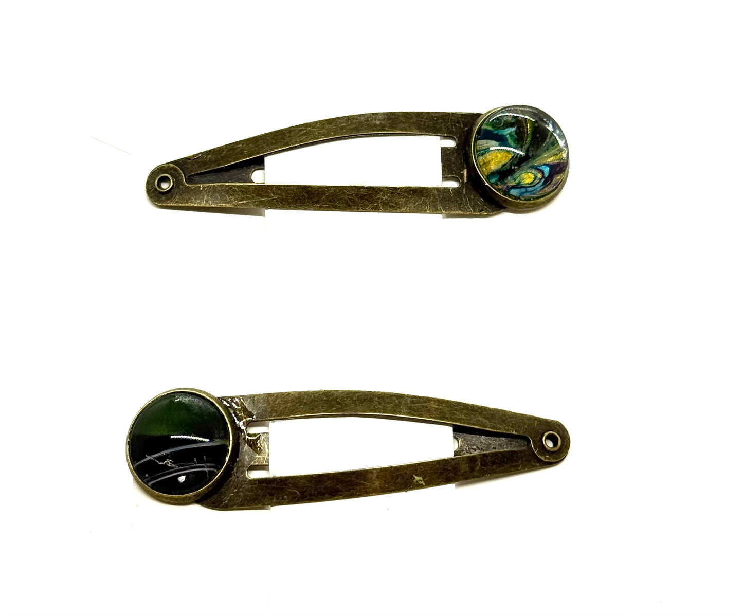 #2 Ocean Spiral Snap Clips – Silver Tone Blue Green Resin Hair Clips (2pc Set)